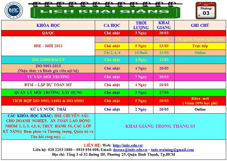 LỊCH KHAI GIẢNG THÁNG 03/2022