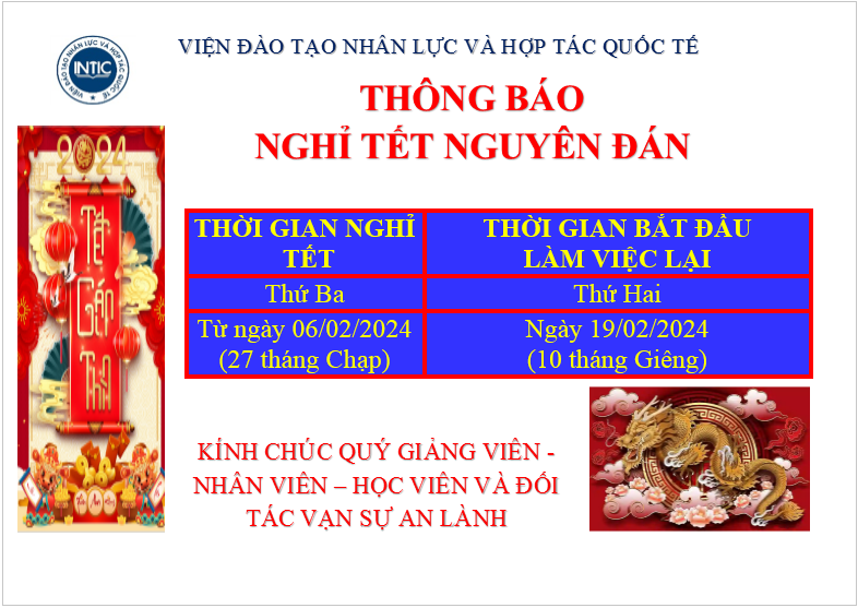 THÔNG BÁO LỊCH NGHỈ TẾT NGUYÊN ĐÁN 2024 THÔNG BÁO LỊCH NGHỈ TẾT NGUYÊN ĐÁN 2024